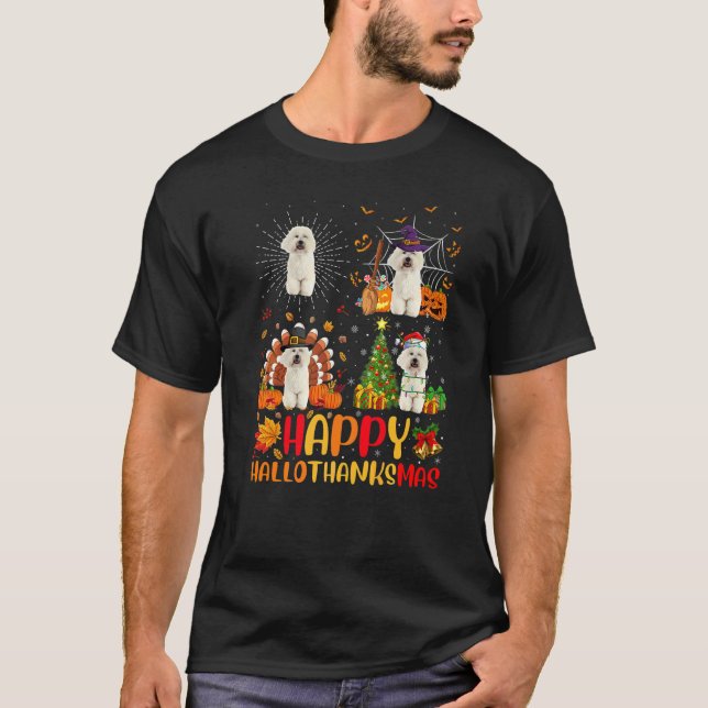 Halloween jul  Bichon Frise Hund Hallothanksm T Shirt (Framsida)