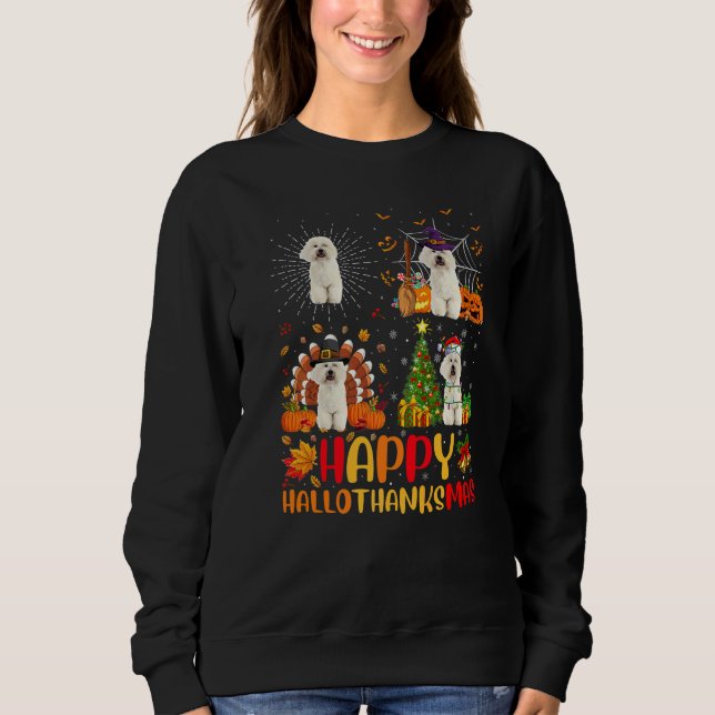 Halloween jul  Bichon Frise Hund Hallothanksm T Shirt (Framsida)