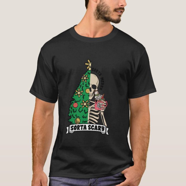 Halloween-jul Skeleton Sorta Merry Scary Xma T Shirt (Framsida)