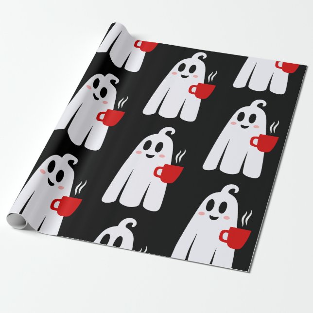halloween-kaffdrickande spöke roligt presentpapper (Utrullad)