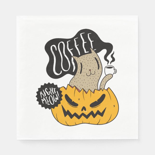 Halloween-kaffekatt - Cute Halloween-kattdrickande Pappersservett (Framsidan)