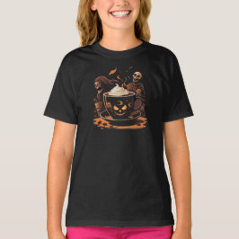 Halloween-kaffekonst – kuslig latte med skelett t shirt
