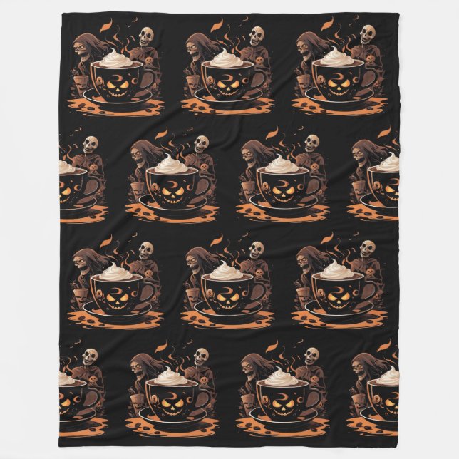 Halloween-kaffekonst – spöklik latte med skelett fleecefilt (Framsidan)