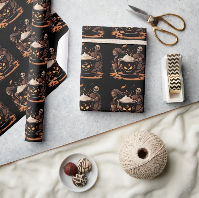 Halloween-kaffekonst – spöklik latte med skelett presentpapper (Hantverk)