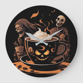 Halloween-kaffekonst – spöklik latte med skelett stor klocka