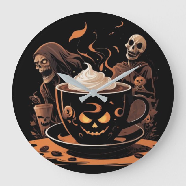 Halloween-kaffekonst – spöklik latte med skelett stor klocka (Framsida)