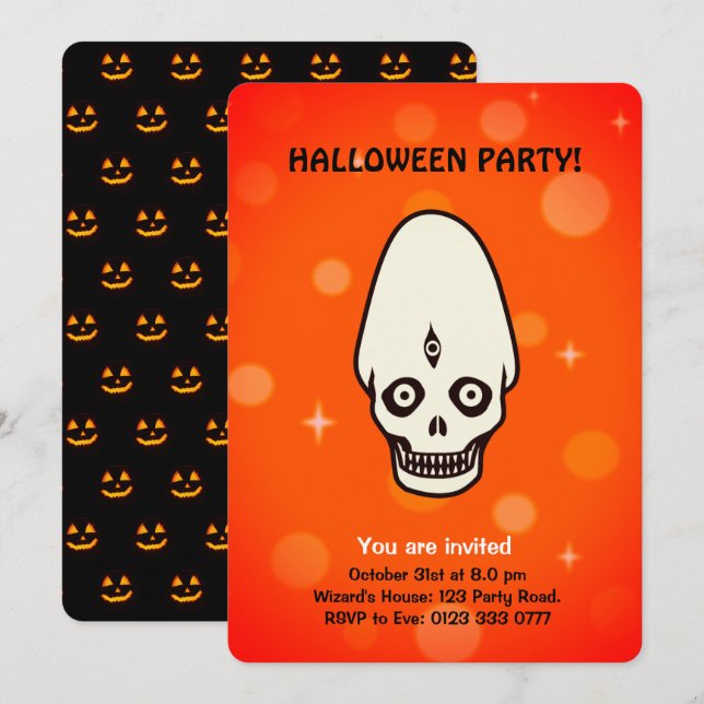 Halloween-kalle på svart & orange inbjudan (Fram/baksida)