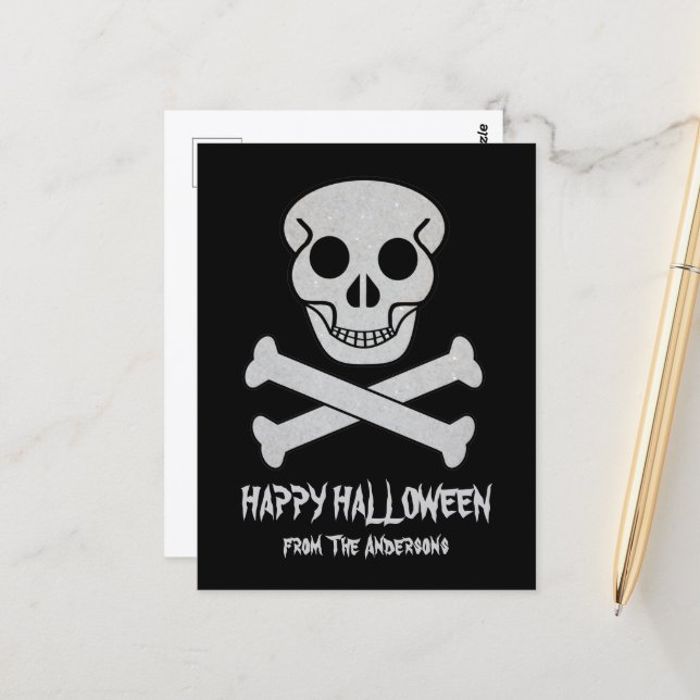 Halloween-kallelsedörr med dödskalle och ben vykort (Fram/Back In Situ)