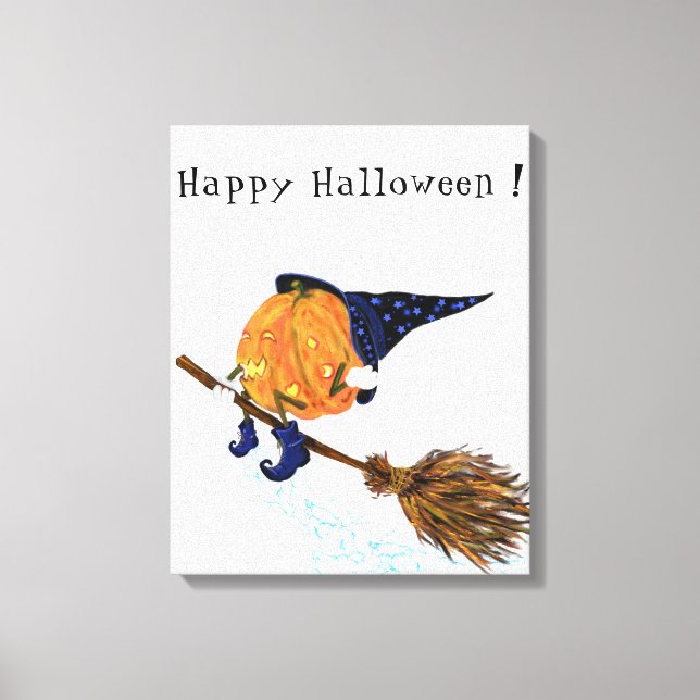Halloween Kanvastryck Witch Pumpkin Flies Broom (Framsida)