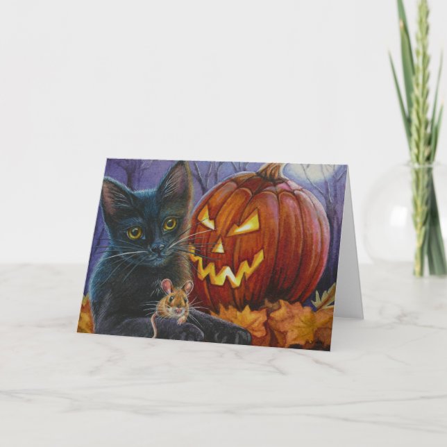 Halloween Kat och mus nr 2 Vattenfärgsartikel Kort (Framsida)