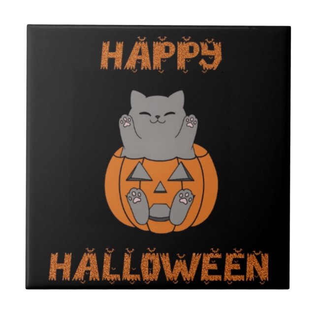 Halloween kat pompoen tegeltje kakelplatta (Framsidan)