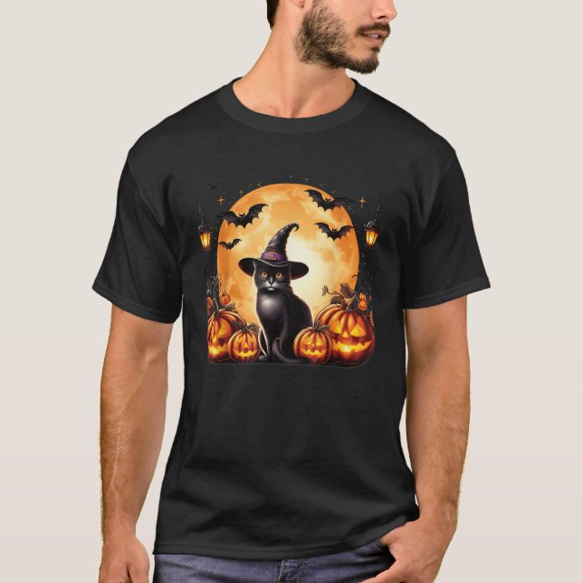 Halloween Kat Pumpkins Retro Black Halloween Cat T Shirt (Framsida)