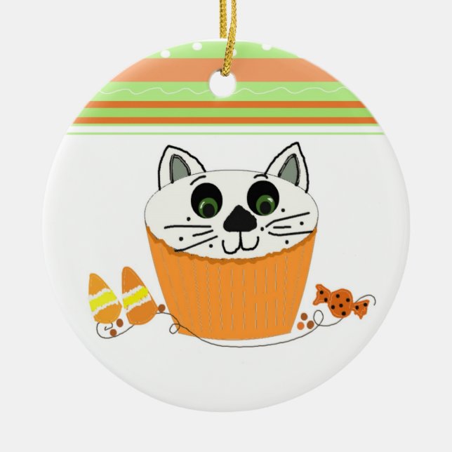 Halloween Katt Cupcake Julgransprydnad Keramik (Framsidan)
