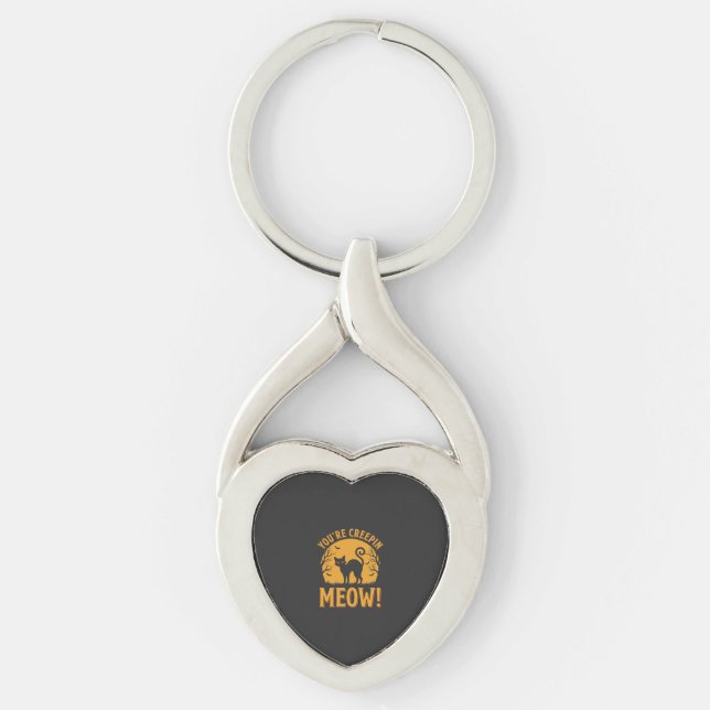 Halloween Katt Du Kruper Meow Twisted Heart Silverfärgad Nyckelring (Framsidan)