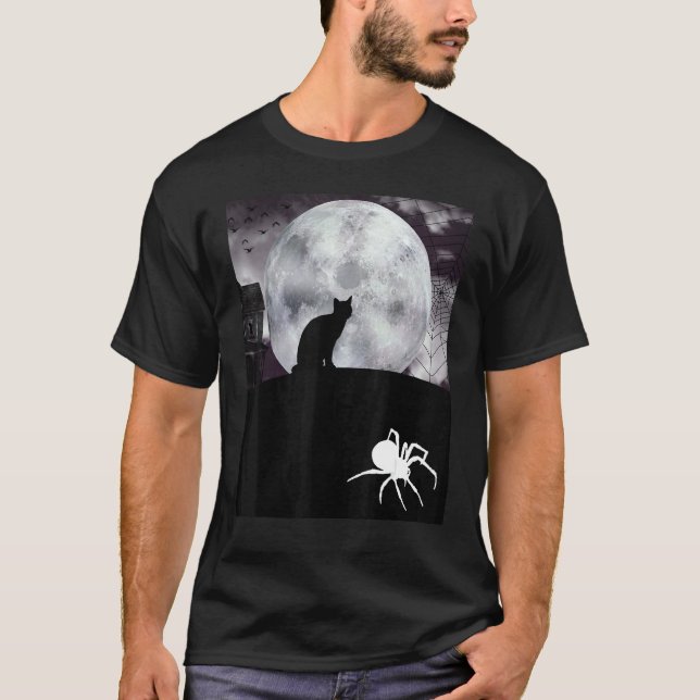 Halloween-katt framför mörk måne medan spindel L T Shirt (Framsida)