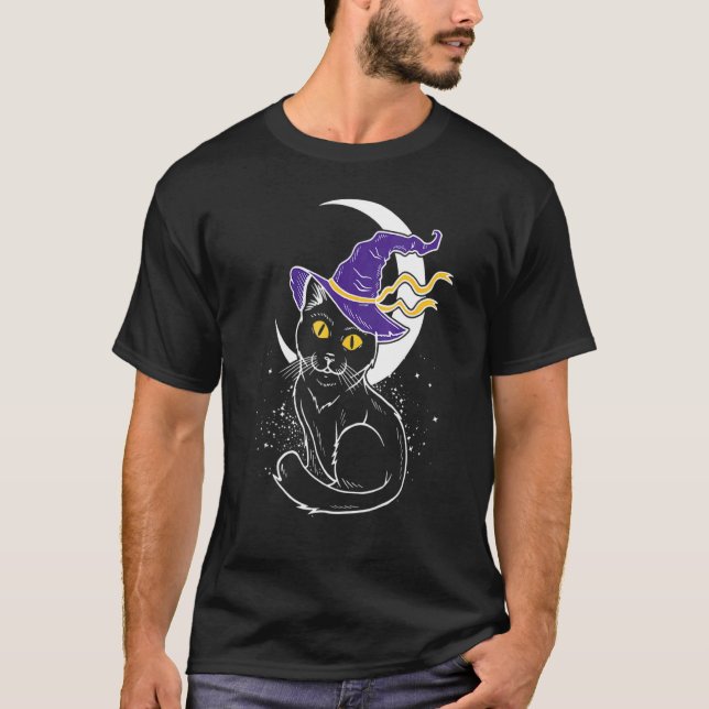 Halloween Katt Halvmåne Häxa Hatt T Shirt (Framsida)