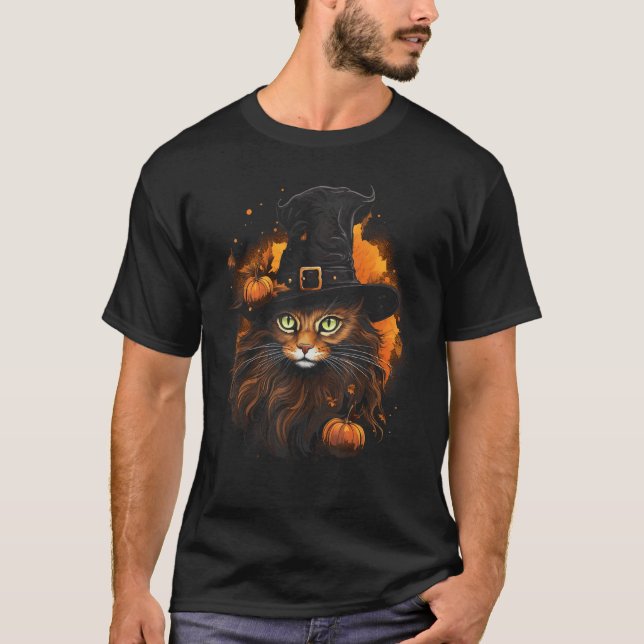 Halloween Katt Häxa Hatt Höst Fall Oktober Skräck T Shirt (Framsida)