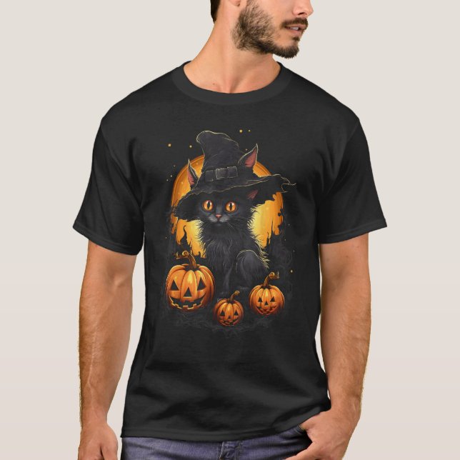 Halloween Katt Häxa Hatt JackOLantern T Shirt (Framsida)
