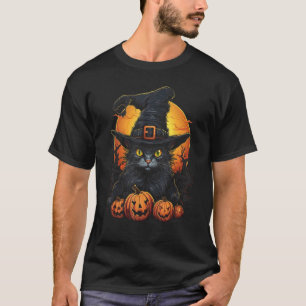 Halloween Katt Häxa Hatt och Pumpor T Shirt
