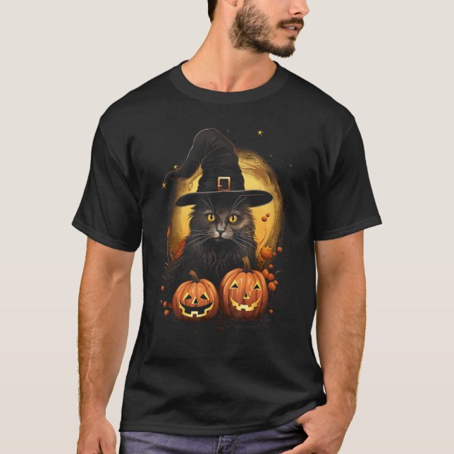 Halloween Katt Häxa Hatt Pumpa Dräkt T Shirt (Framsida)