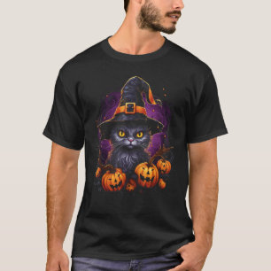 Halloween Katt Häxa Hatt Pumpa Jack o Lantern Cos T Shirt