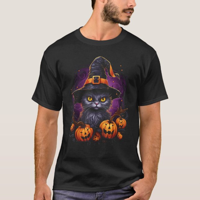 Halloween Katt Häxa Hatt Pumpa Jack o Lantern Cos T Shirt (Framsida)