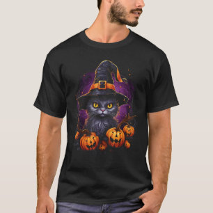 Halloween Katt Häxa Hatt Pumpa Jack o Lantern Kos T Shirt