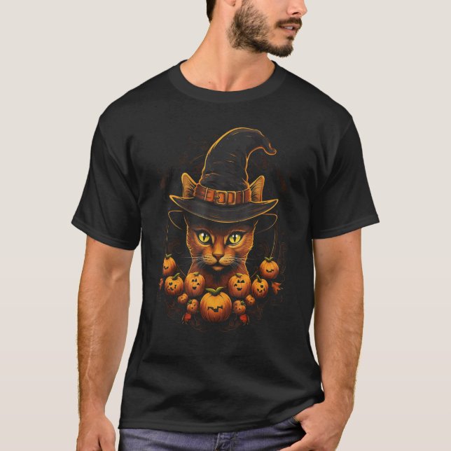 Halloween Katt Häxa Hatt Pumpa Jack o Lantern Kos T Shirt (Framsida)