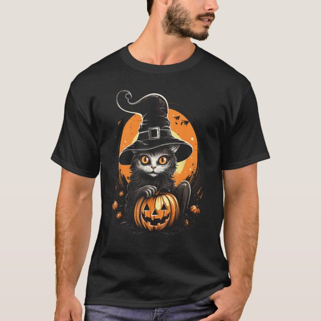 Halloween Katt Häxa Hatt Pumpa Kostym Skum T Shirt (Framsida)