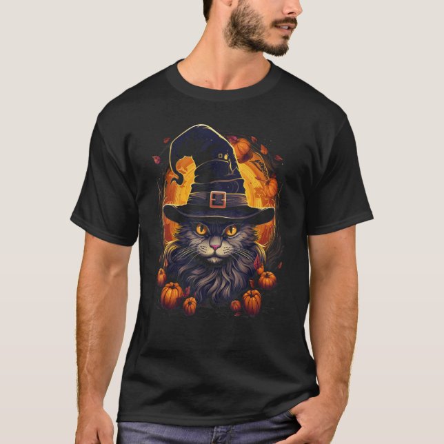 Halloween Katt Häxa Hatt Pumpa Kuslig Katt T Shirt (Framsida)