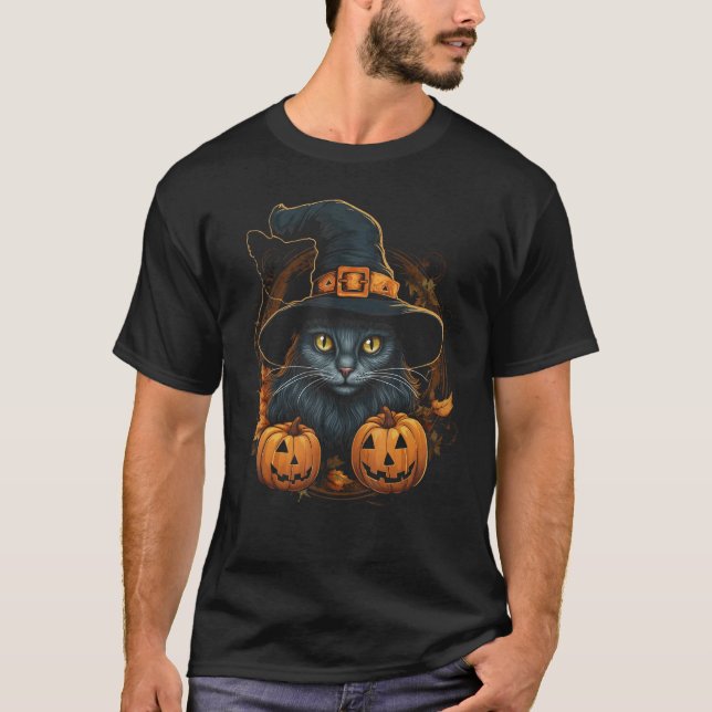 Halloween Katt Häxa Hatt Pumpa Kuslig T Shirt (Framsida)