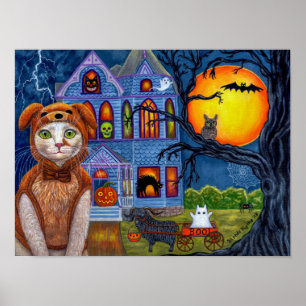 Halloween Katt Hund Kostym Spökt hus i victoriansk Poster
