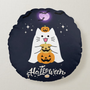 Halloween Katt i Månsken – Spöklik och Söt Natt Rund Kudde
