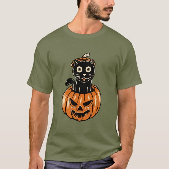 Halloween-katt i Pumkin T-Shirt (Framsida)
