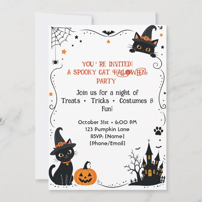 Halloween Katt Inbjudan Bakgrund Design | Söt Skrä (Framsida)