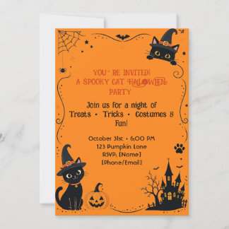 Halloween Katt Inbjudan Bakre Design | Söt Skräcki