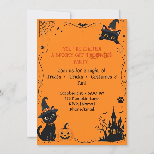 Halloween Katt Inbjudan Bakre Design | Söt Skräcki (Framsida)