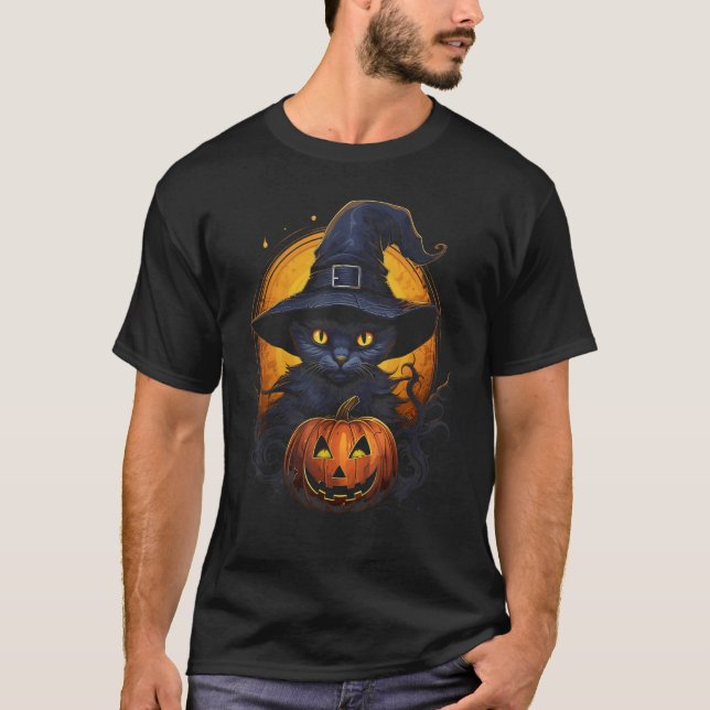 Halloween Katt Jack o Lantern Pumpa Måne Grafik T Shirt (Framsida)