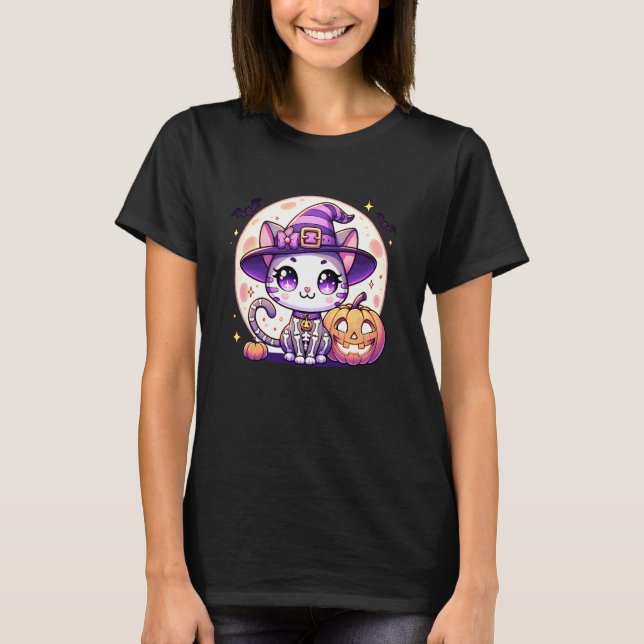 Halloween Katt Kittel Skelett Häxa Pumpa Jack o T Shirt (Framsida)