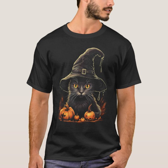 Halloween Katt Kostym Häxa Hatt Pumpa Halloween  T Shirt (Framsida)