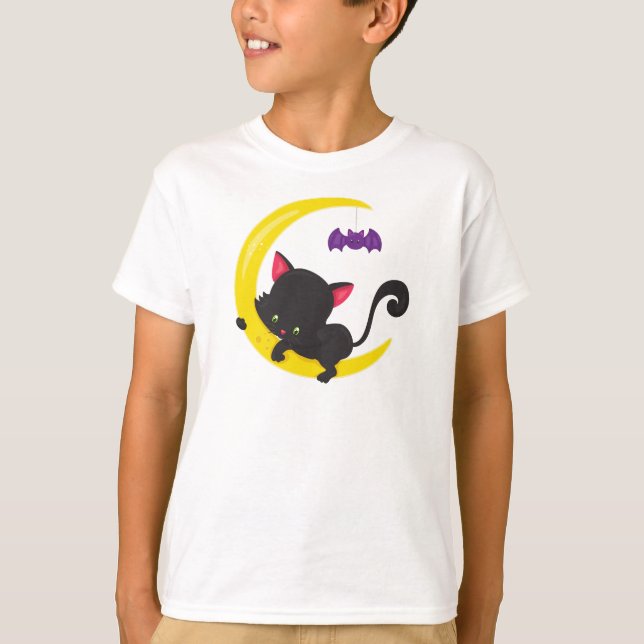 Halloween Katt, kute, katt, svart katt, Måne, Flad T Shirt (Framsida)