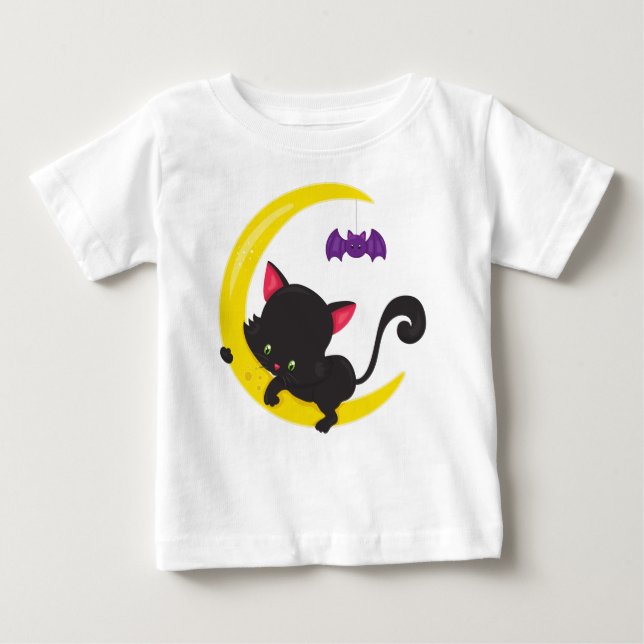 Halloween Katt, kute, katt, svart katt, Måne, Flad T Shirt (Framsida)