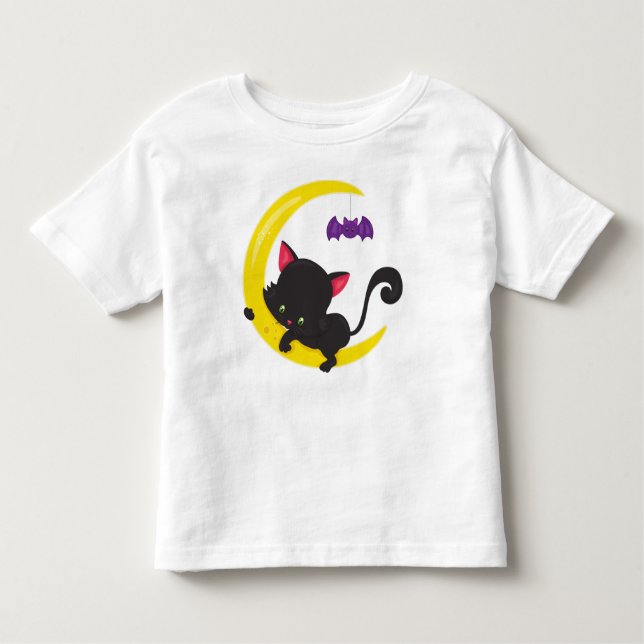 Halloween Katt, kute, katt, svart katt, Måne, Flad T Shirt (Framsida)