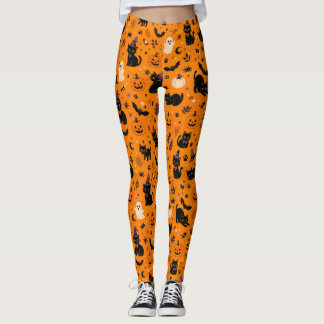 Halloween Katt Leggings, Orange Skräcklig Svart Ka Leggings