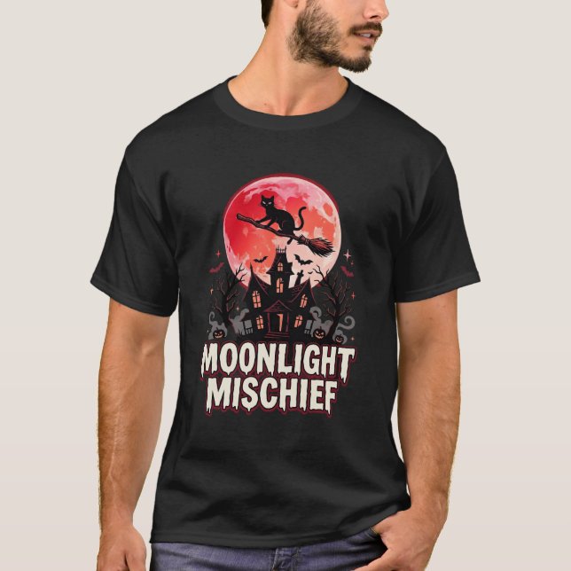 Halloween Katt Månljus Bus T Shirt (Framsida)