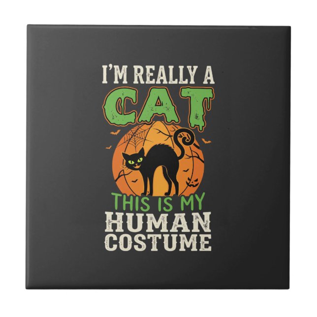 Halloween Katt Mänsklig Kostym Rolig Design Kakelplatta (Framsidan)