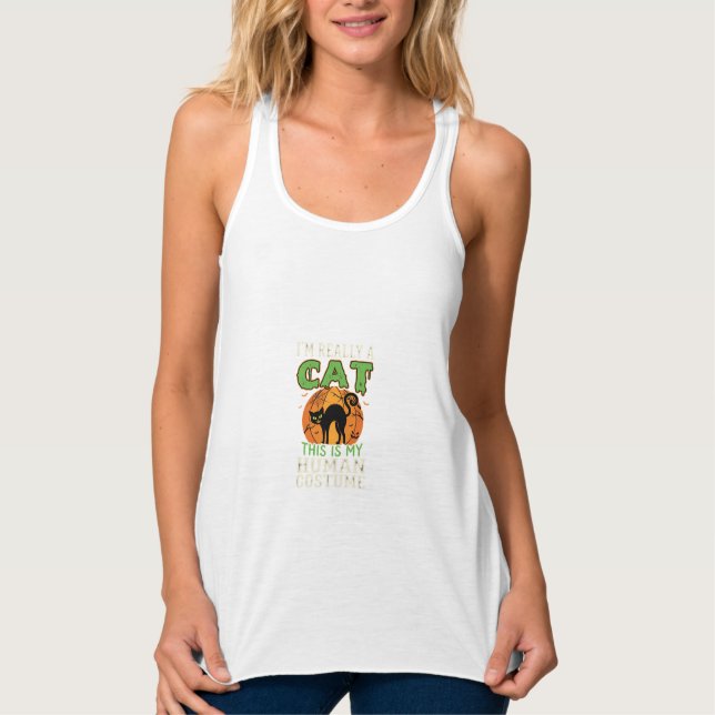 Halloween Katt Mänsklig Kostym Rolig Design Linne Med Racerback (Framsida)