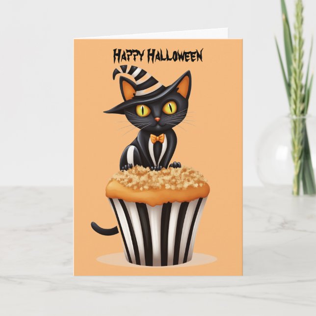 Halloween katt med en muffins  helgkort (Framsida)