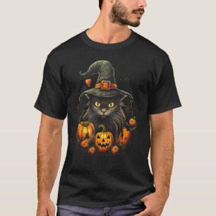 Halloween Katt Med Häxhatt Pumpa T Shirt