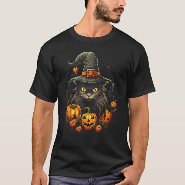 Halloween Katt Med Häxhatt Pumpa T Shirt (Framsida)